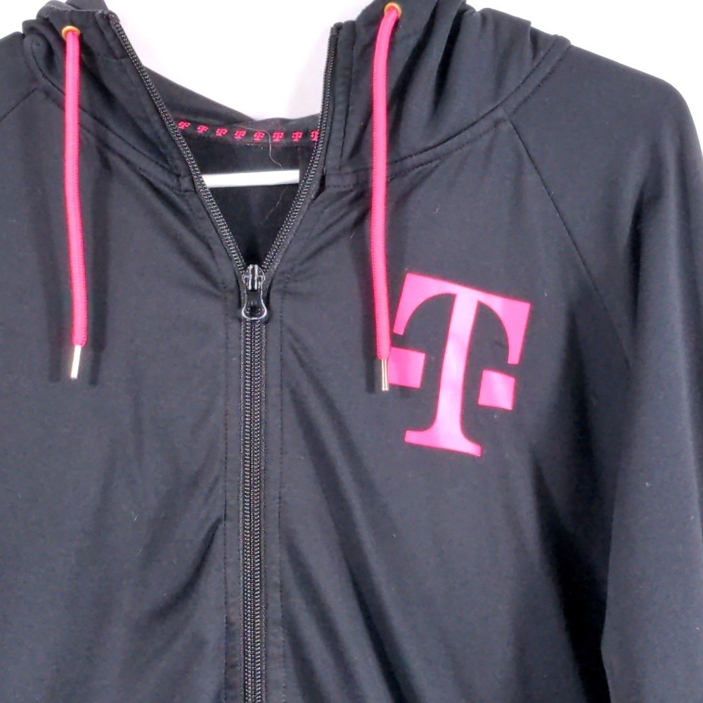T-Mobile Womens Medium Full Zip Hoodie Polyester Black Magenta Thumbhole Logo - Picture 4 of 11